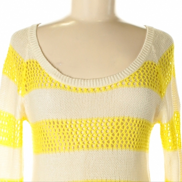 Y2K Roxy Pullover Sweater Size M Yellow Ivory Stripes Open Knit Scoop Neck Vtg - Picture 5 of 11